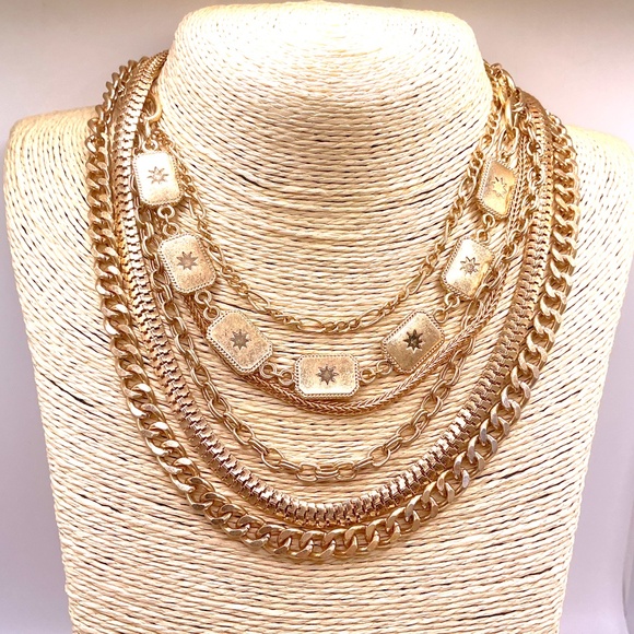 GOLD TONE Layered Chain Necklace With Various Styles Of Chains 16” - Picture 3 of 3